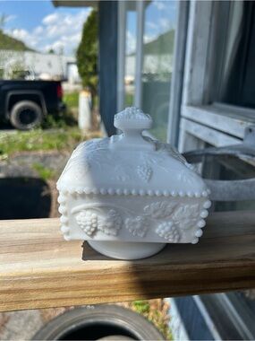 White Milk Glass Covered Dish with Grape Relief